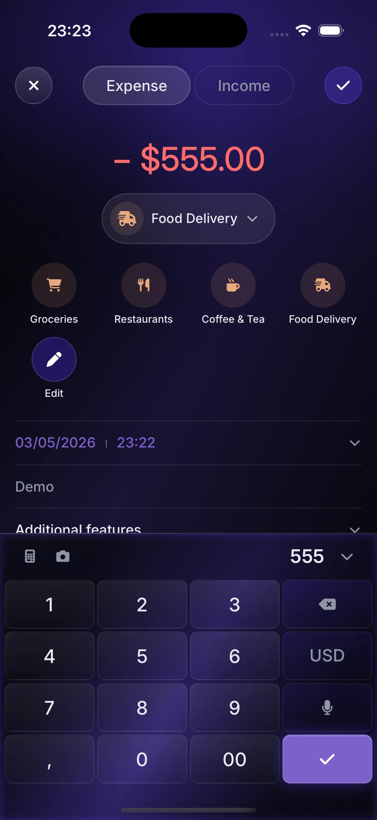 The Ledgy add-transaction screen with a $555 expense being voice-logged